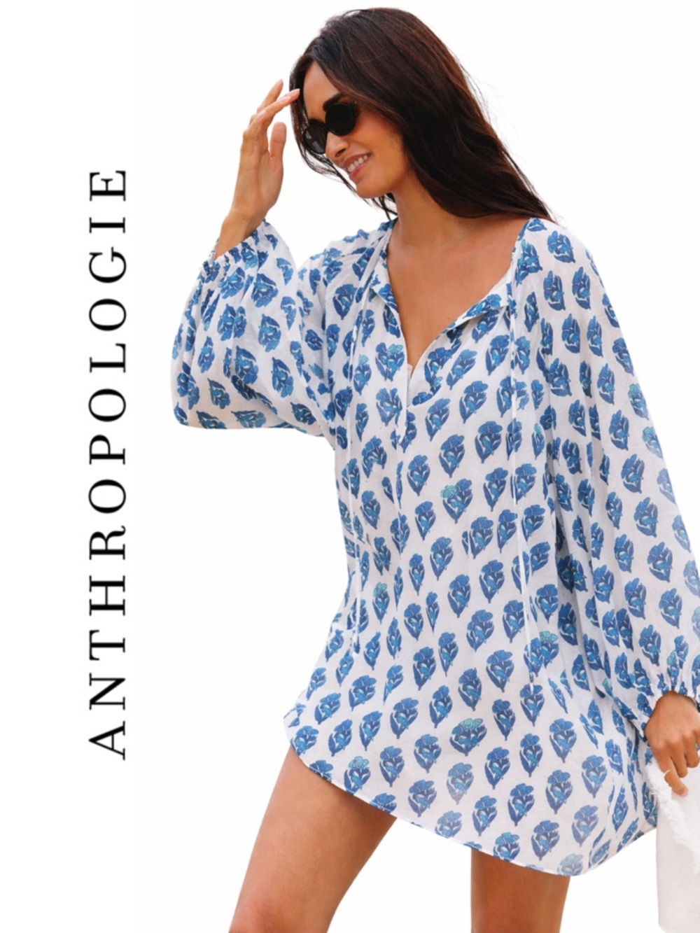 Anthropologie Maeve Long-Sleeve Tie-Neck Mini Kaftan